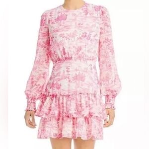 GIRL'S Pink Toile Short Ruffle Dress Smocked Cuffs Poet Sleeves Flowy Feminine